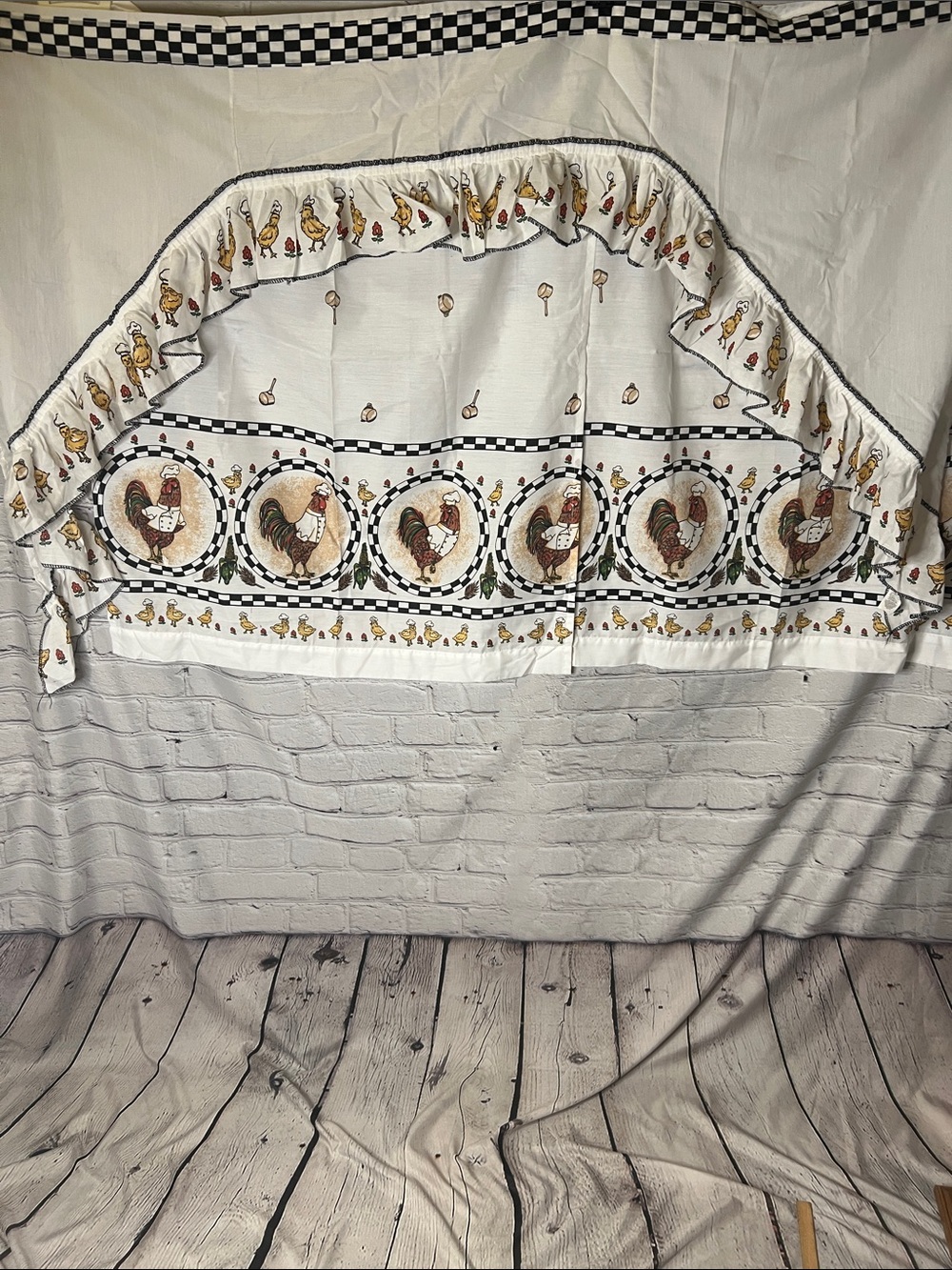 Vintage Rooster Chef chicken Kitchen Curtain Panels & Ruffled Valance Farmhouse